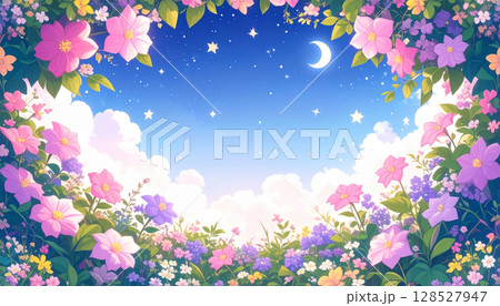 カラフルな花畑のフレームと月夜の壁紙 128527947