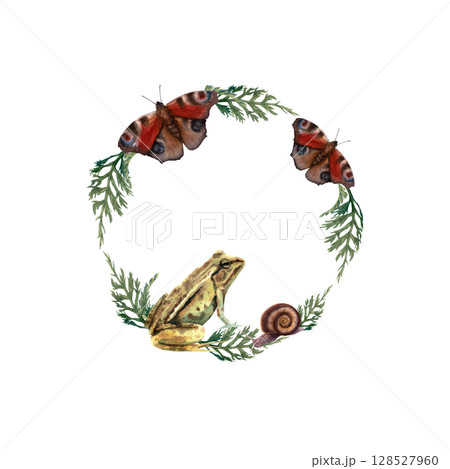 Watercolor round frame with frog, butterfly and leaves on white background 128527960