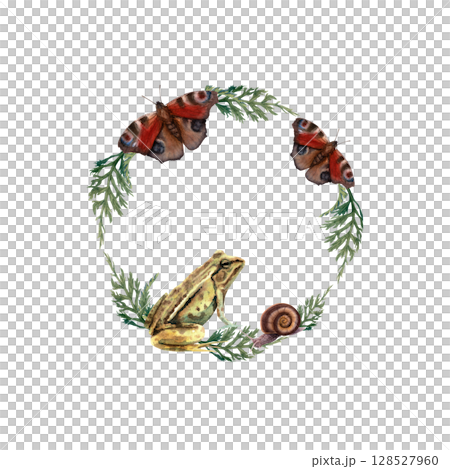 Watercolor round frame with frog, butterfly and leaves on white background 128527960