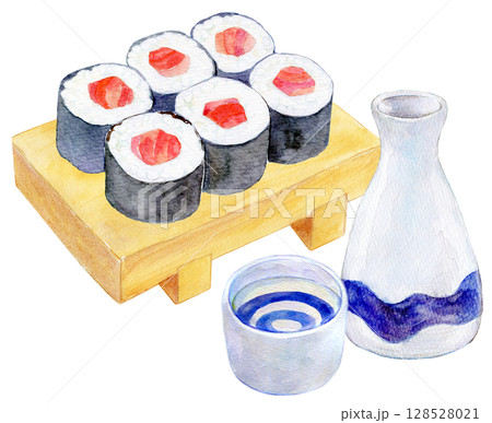 水彩イラスト　手描きイラスト　鉄火巻きと日本酒 128528021