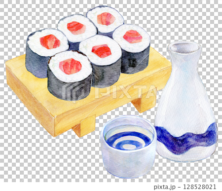 水彩插圖、手繪插圖、鮪魚捲和清酒 水彩插圖、手繪插圖、鮪魚捲和清酒 128528021