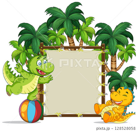 Playful Dinosaurs with Tropical Background Illustration 128528058
