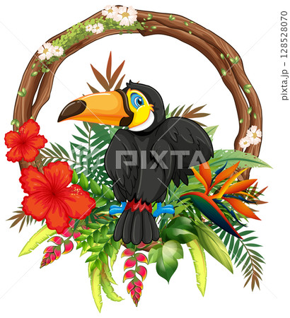 Toucan Bird with Tropical Floral Frame 128528070