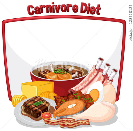 Carnivore Diet Illustration with Various Meats and Cheese Carnivore Diet Illustration with Various Meats and Cheese 128528125