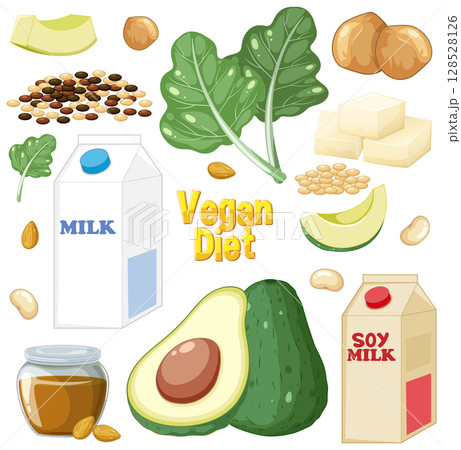 Vegan Diet Essentials Vector Illustration 128528126