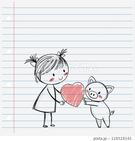 Girl and Pig Sharing a Heart 128528142