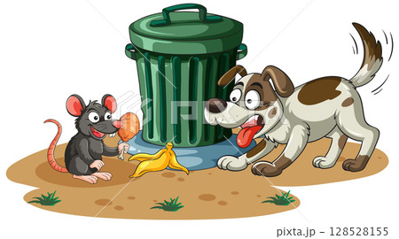 Dog Confronts Rat Eating Food Near Trash Can Dog Confronts Rat Eating Food Near Trash Can 128528155