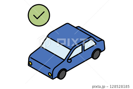 車検に合格したセダン車とチェックマーク、シンプルでかわいいアイソメトリックの線画アイコン 128528185