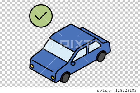 車検に合格したセダン車とチェックマーク、シンプルでかわいいアイソメトリックの線画アイコン 128528185