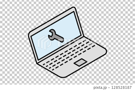 Car online diagnostics image spanner symbol and laptop, simple and cute isometric line drawing icon 128528187