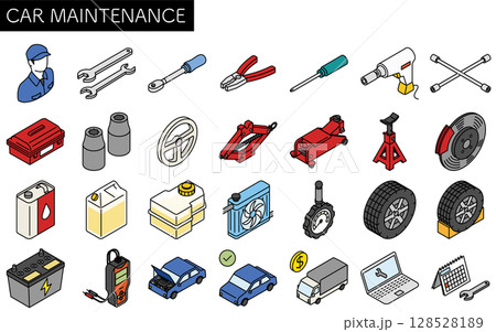 自動車整備のシンプルでかわいい線画アイコン、アイソメトリック 自動車整備のシンプルでかわいい線画アイコン、アイソメトリック 128528189