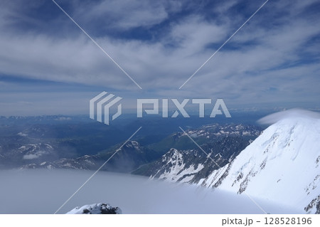 Tranquil Lake With Lush Green Forest, Snow-Capped Mountain, Blue Sky And White Clouds 128528196