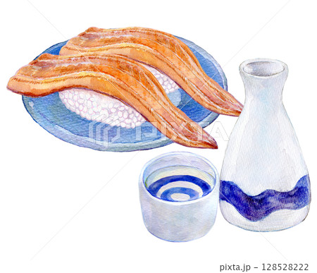水彩イラスト　手描きイラスト　穴子の寿司と日本酒 128528222