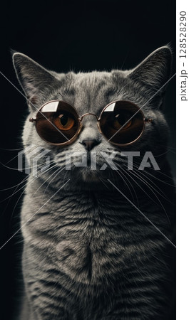 Cool cat wearing sunglasses in dark background - fashionable pet portrait 128528290