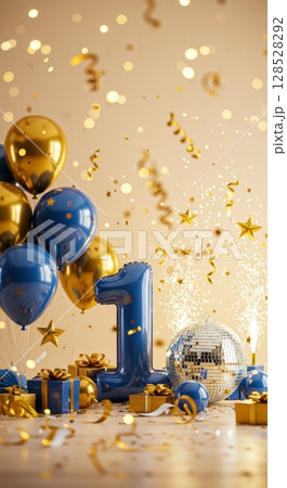 First birthday celebration with blue balloons and disco theme for festive decor 128528292