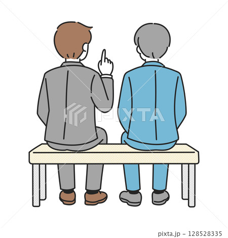 ベンチで話す二人のビジネスマンの後ろ姿 128528335