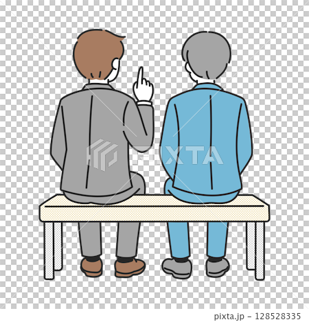 ベンチで話す二人のビジネスマンの後ろ姿 128528335