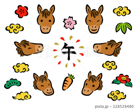 手描き風の馬の顔と和風のアイコンセット 128528480