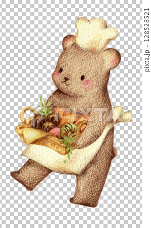 スイーツの入ったカゴを運ぶコック帽をかぶったクマ　手描き色鉛筆画 128528521