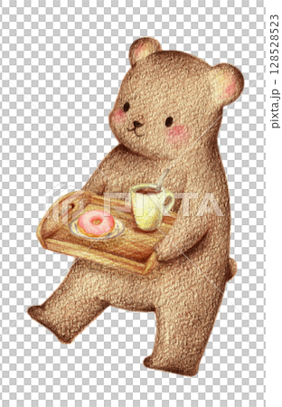 トレーでドーナツとコーヒーを運ぶクマ　手描き色鉛筆画 128528523
