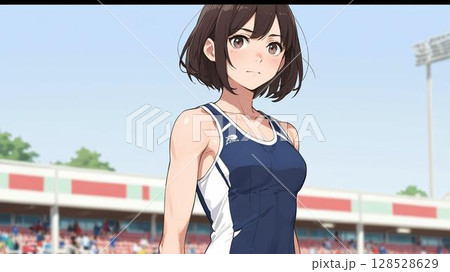陸上競技場に立つ女子アスリート（アニメタッチ・ユニフォーム姿） 128528629