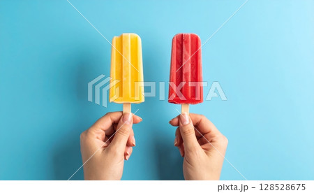 Woman's hand holds colorful fruit ice cream bar Woman's hand holds colorful fruit ice cream bar 128528675