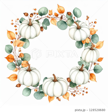 Orange vector autumn pumpkin and flower wreath frame illustration for Thanksgiving or Halloween 128528680