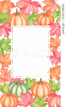 Autumn frame with colorful fall leaves, pumpkins, and maple foliage vector illustration Autumn frame with colorful fall leaves, pumpkins, and maple foliage vector illustration 128528682