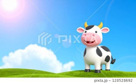 3d Cartoon vector illustration of a cute dairy cow on a green meadow 3d Cartoon vector illustration of a cute dairy cow on a green meadow 128528692