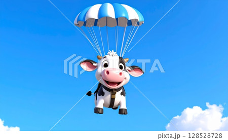 3d A paragliding cow soars high above a green meadow under a blue sky, an adventurous flight of freedom and fun 128528728