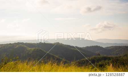 Mountain Summer Green Park Field Scenery Forest Spring Meadow with Blue Sky, Countryside in Thailand Hills Nature Landscape Upper for tourism Travel Vacation Holidays or Eco System Environment. 128528887