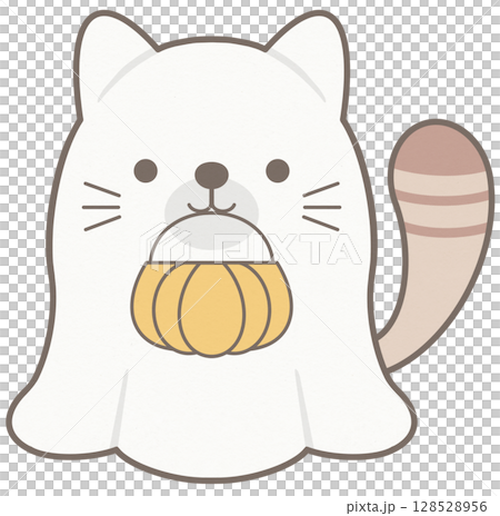 Cute cat wearing a ghost costume at a Halloween pumpkin party 128528956