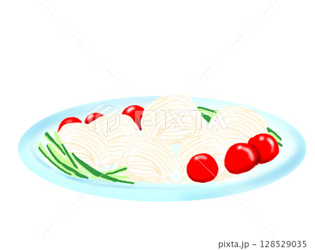 お皿に盛りつけられたそうめんのイラスト 128529035