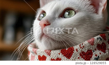 Adorable white cat wearing a heart patterned scarf 128529055