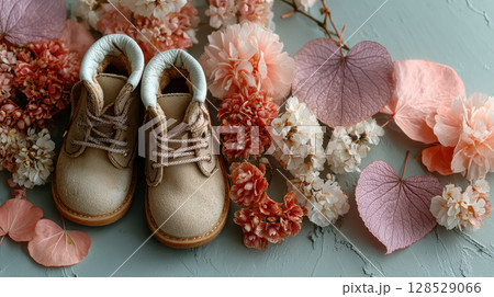 Cozy autumn boots and delicate floral accents 128529066