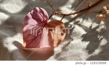 A delicate heart shaped autumn leaf rests on a soft linen like surface with gentle shadows playing across its surface A delicate heart shaped autumn leaf rests on a soft linen like surface with gentle shadows playing across its surface 128529098