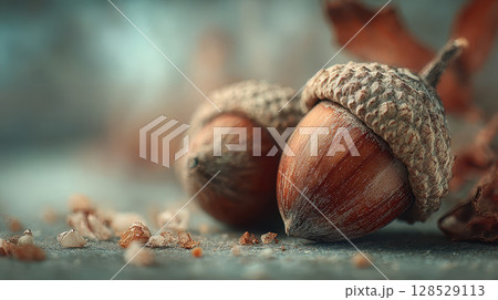 Soft focused detail shot of autumnal acorns on the ground Soft focused detail shot of autumnal acorns on the ground 128529113