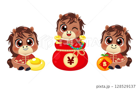 Cute CNY horse cartoon with gold ingot and orange 128529137