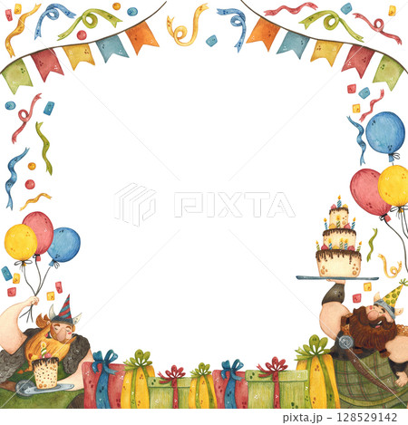 Square birthday frame with Vikings with gifts, confetti, ribbons, cake and balloons Square birthday frame with Vikings with gifts, confetti, ribbons, cake and balloons 128529142