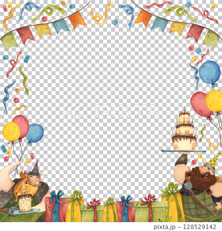 Square birthday frame with Vikings with gifts, confetti, ribbons, cake and balloons Square birthday frame with Vikings with gifts, confetti, ribbons, cake and balloons 128529142