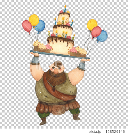Watercolor illustration of a Viking with a cake and balloons 128529146