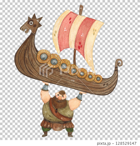 A strong Viking holds a ship in his arms on a white background 128529147