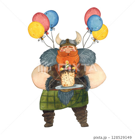 Watercolor illustration of a Viking with a cake and balloons Watercolor illustration of a Viking with a cake and balloons 128529149