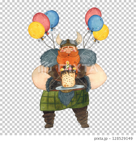 Watercolor illustration of a Viking with a cake and balloons 128529149
