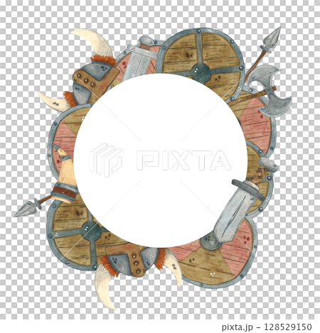 Round frame of shields, swords, spears, axes and Viking helmets 128529150