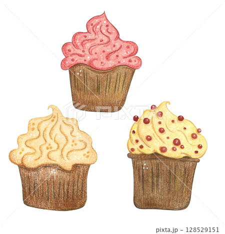 Set of three watercolor cupcakes with cream Set of three watercolor cupcakes with cream 128529151