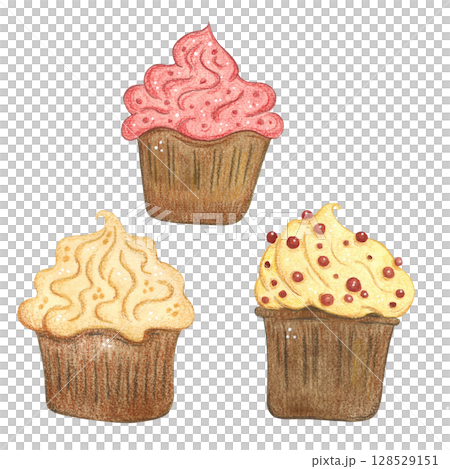 Set of three watercolor cupcakes with cream Set of three watercolor cupcakes with cream 128529151