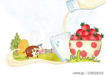 Blank for a label of a dairy product with strawberry flavor. A cute cow stands against the background of green fields, milk is poured into a glass and a cup with strawberries. Watercolor illustration Blank for a label of a dairy product with strawberry flavor. A cute cow stands against the background of green fields, milk is poured into a glass and a cup with strawberries. Watercolor illustration 128529152