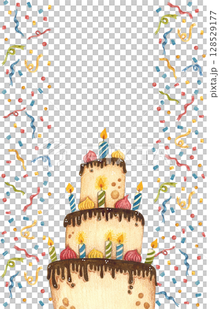 Vertical frame made of ribbons and confetti with a cake in the center 128529177