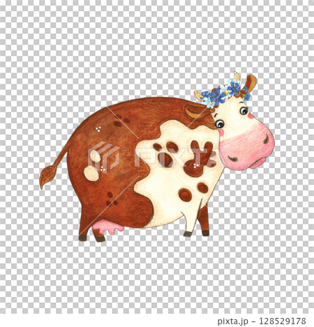 Red spotted cow standing in a wreath of wild flowers. Watercolor illustration, hand drawn, cartoon. Sticker design, print, children's book. cow, character, jumping, spots, red, joy, children, milk Red spotted cow standing in a wreath of wild flowers. Watercolor illustration, hand drawn, cartoon. Sticker design, print, children's book. cow, character, jumping, spots, red, joy, children, milk 128529178